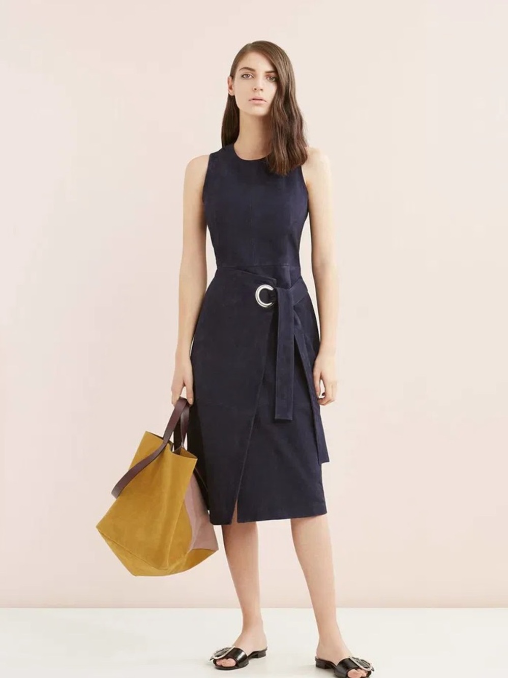 Whistles Navy Isla Belted suede wrap dress in 100% goat leather. Size 2.